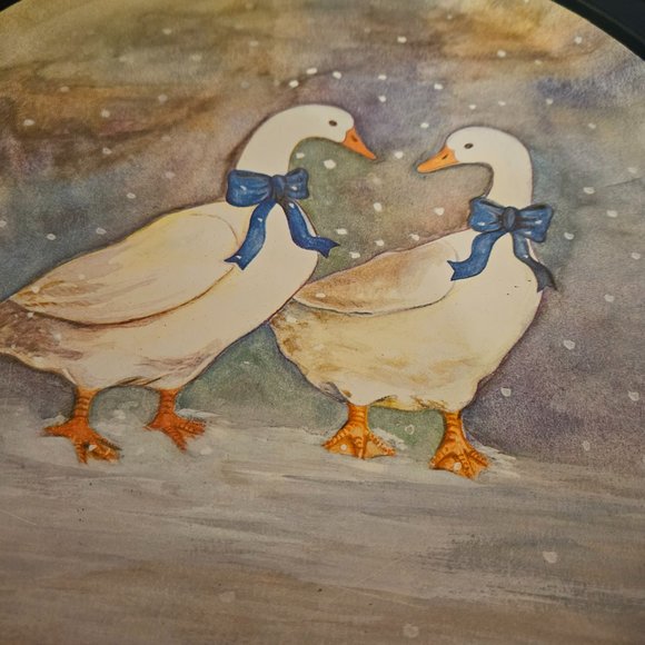 vintage 80s metal round tray 2 geese ducks w/blue bows - Picture 2 of 6